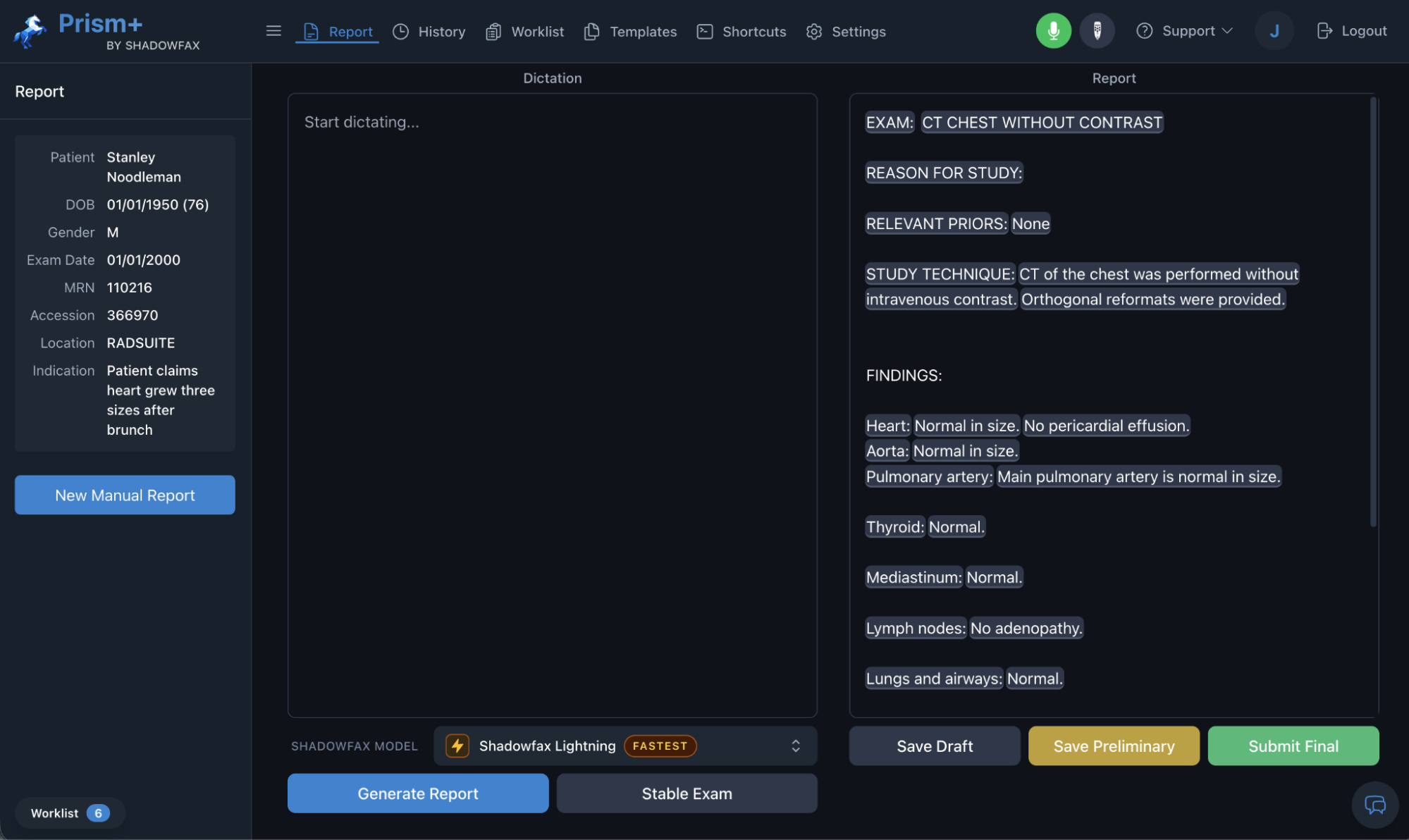 Prism reporting interface for AI-assisted radiology reports.